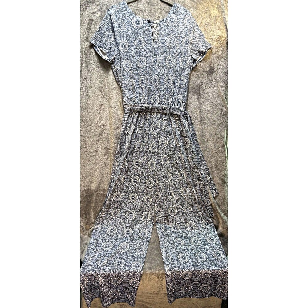 Tacera Women’s M Blue/White Geometric Round Neck Short Sleeve Wide-Leg Jumpsuit